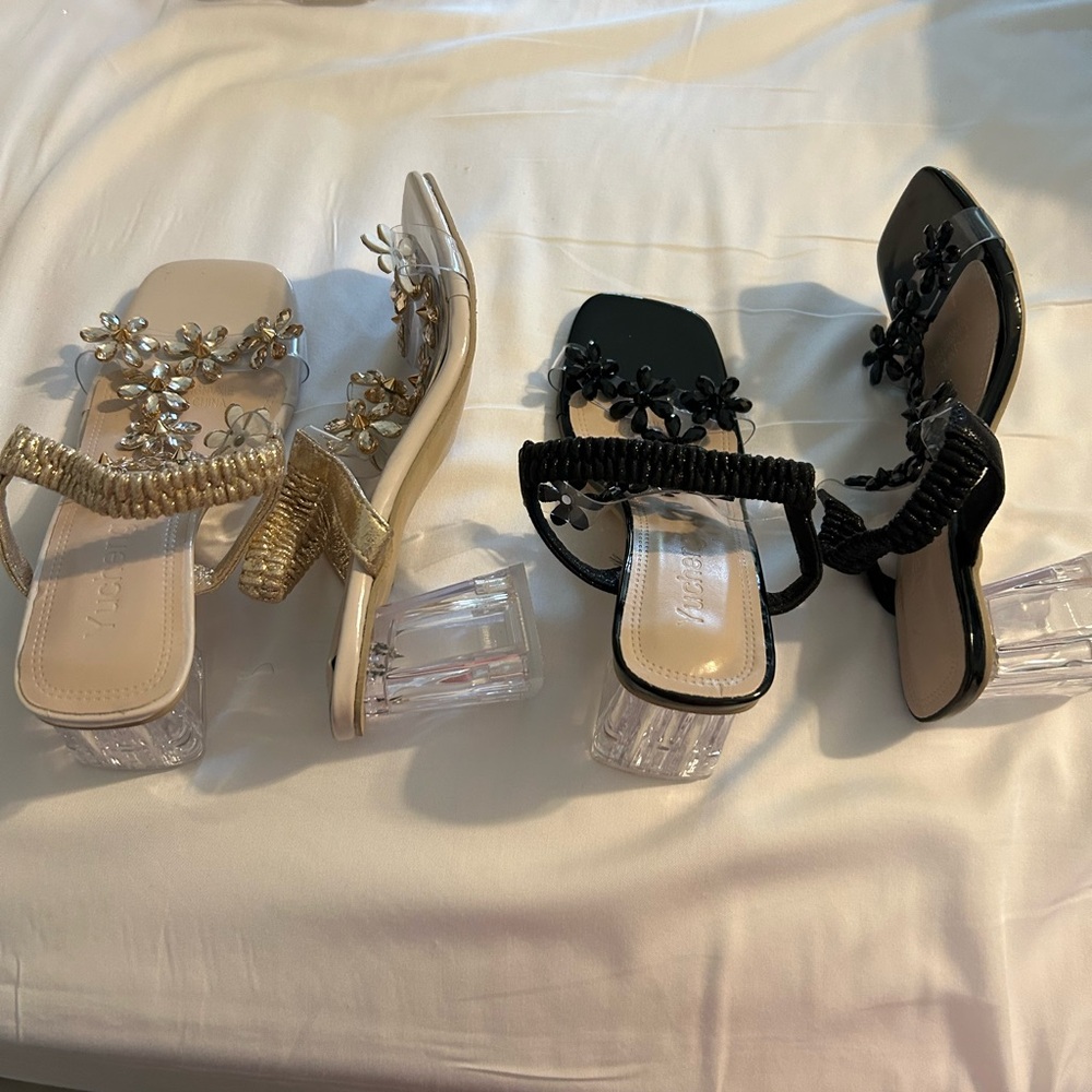 sandals. Two pair one black one clear/gold with acrylic heel sold size 36 new.
